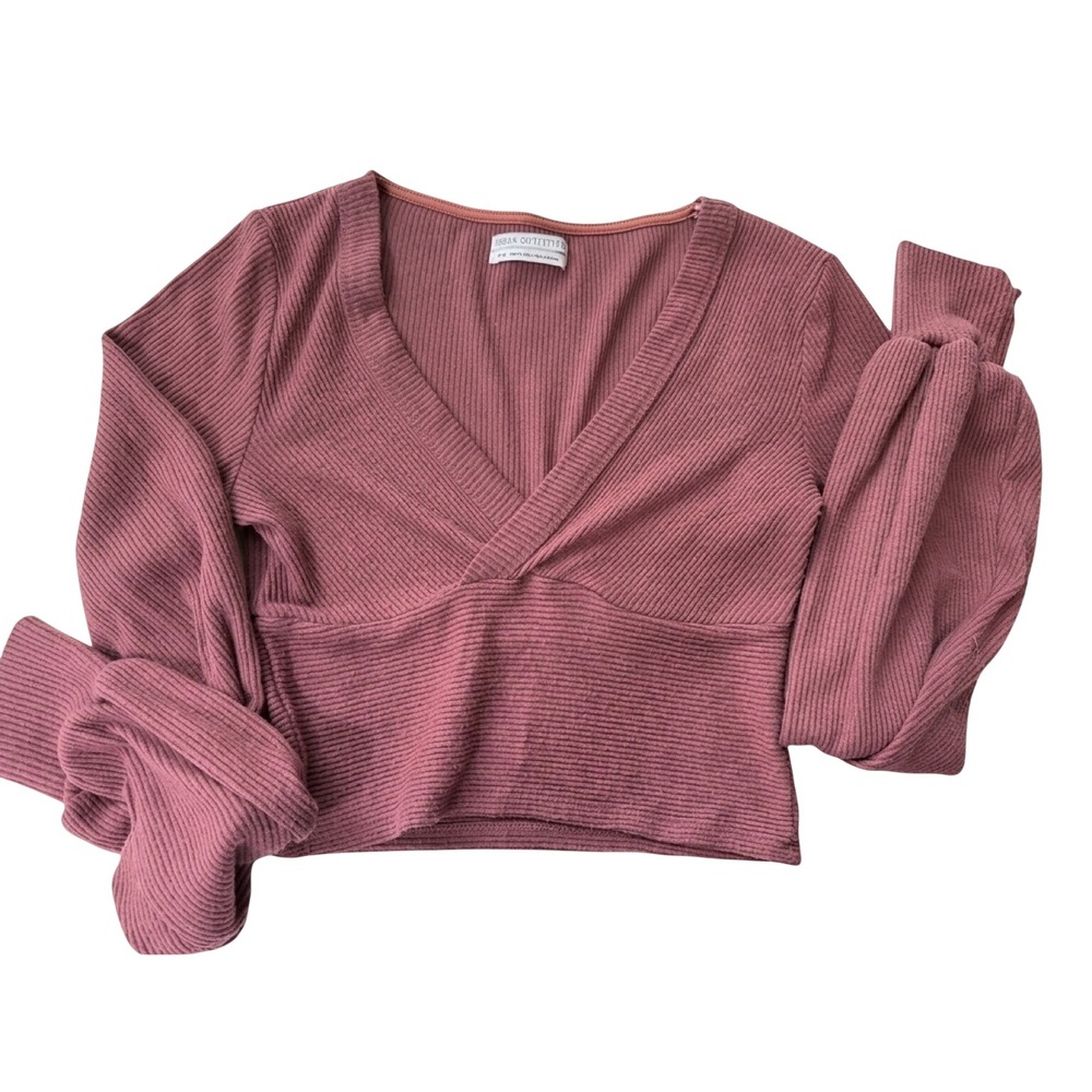 Urban Outfitters Mauve Rose Ribbed Wrap Crop Top Balloon Sleeve Medium